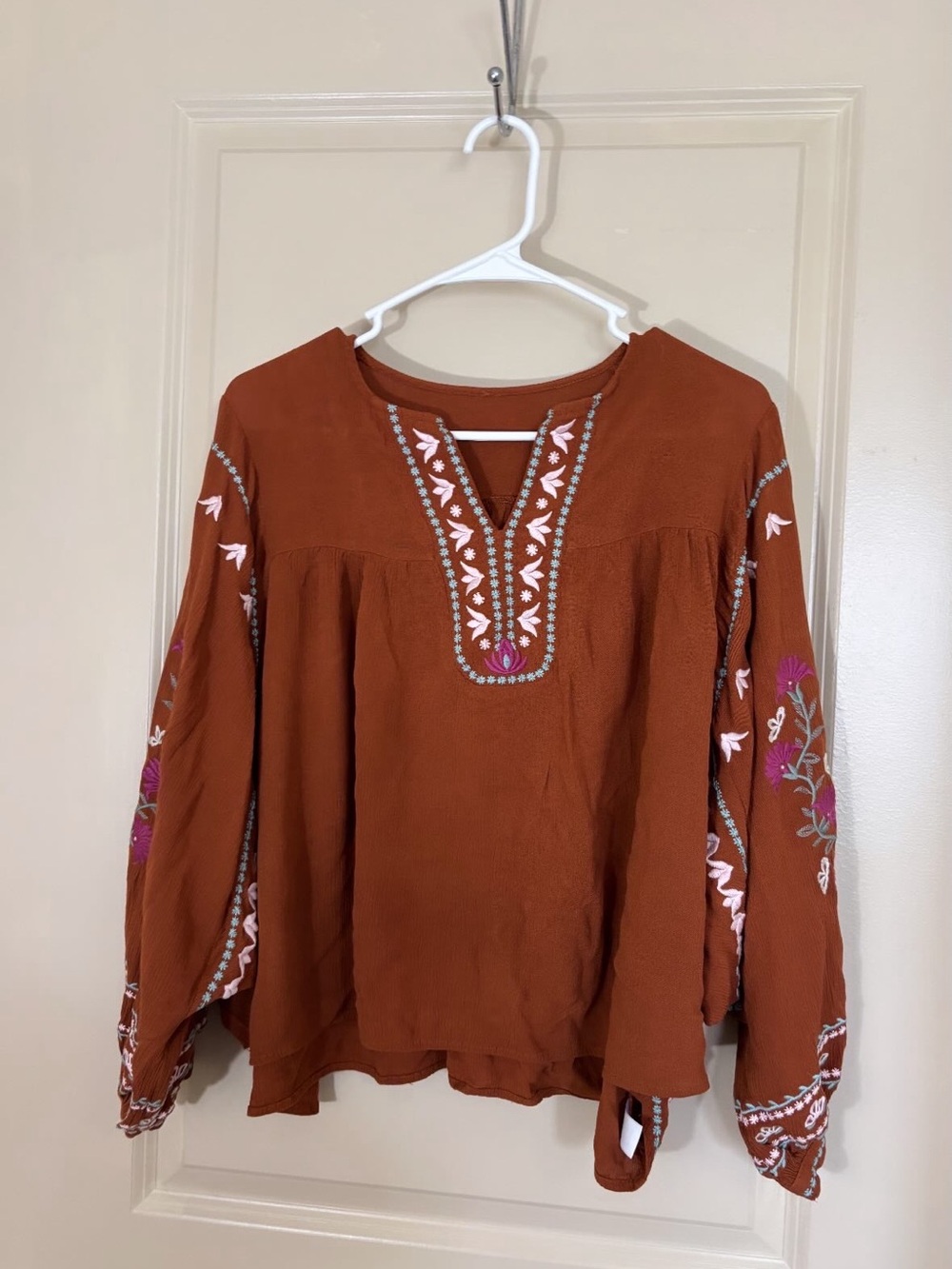 Women's Rust Embroidered Peasant Top - Casual Boho Style